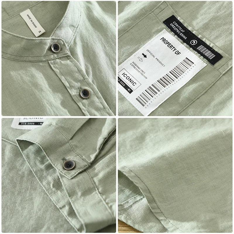 Camicia da uomo in lino a maniche 3/4 – Top estivo casual leggero e traspirante