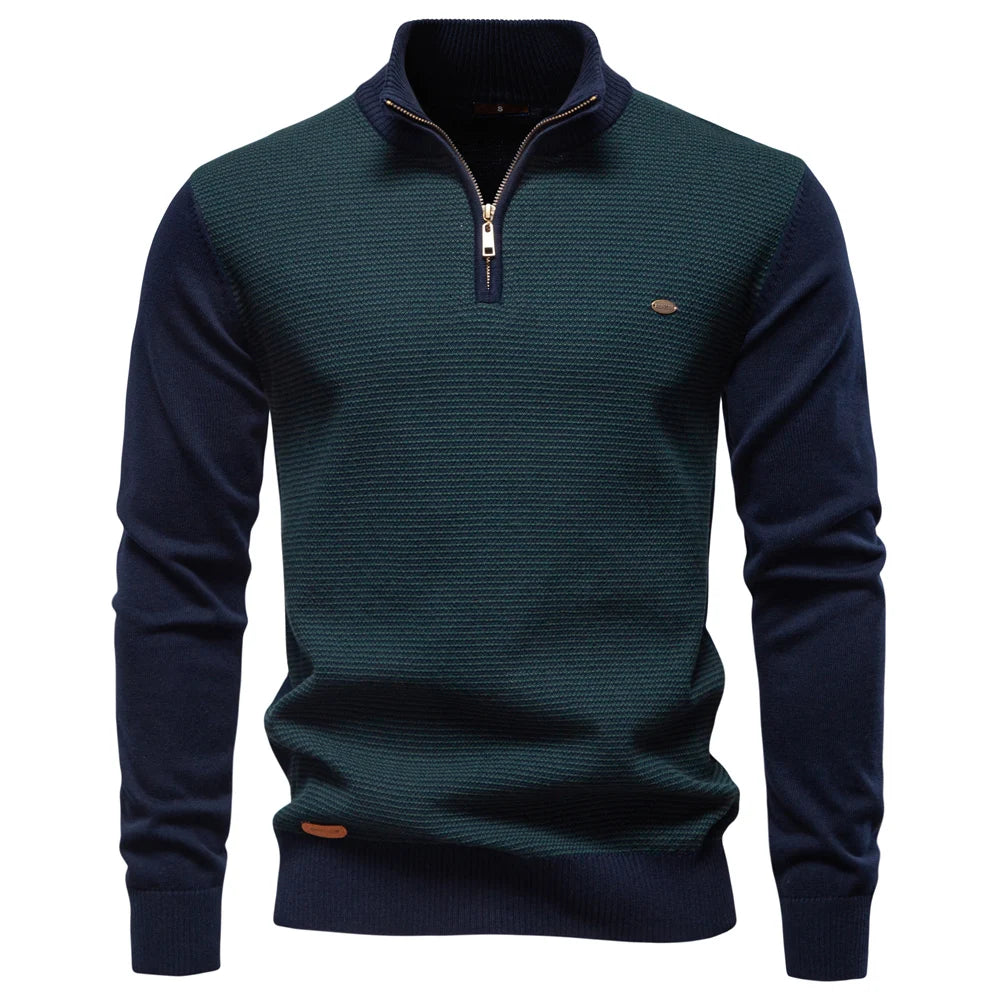 Maglione da uomo in cotone con mezza zip – Pullover caldo lavorato a maglia con collo alto