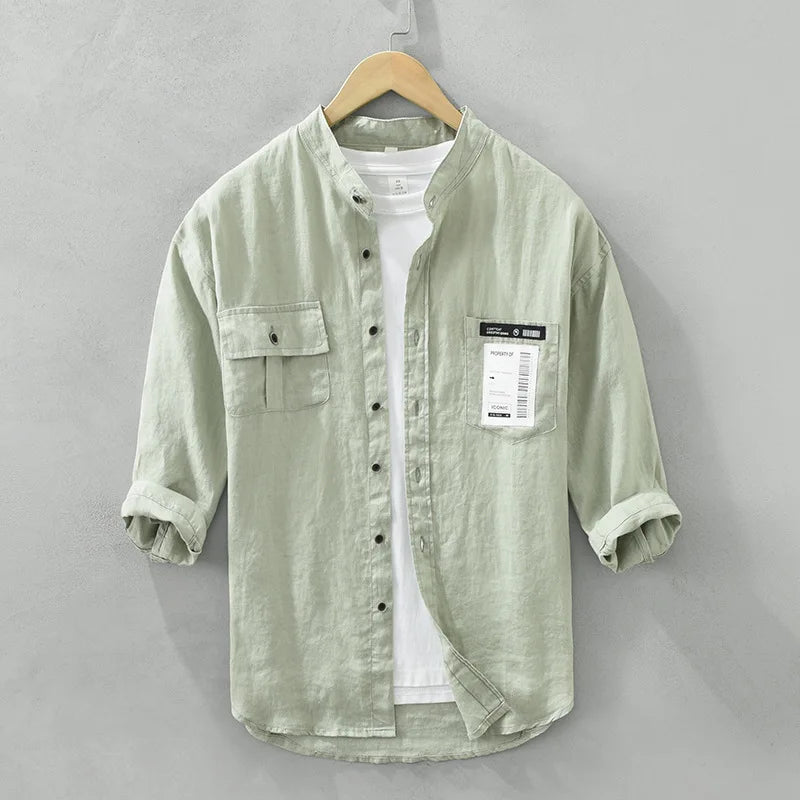 Camicia da uomo in lino a maniche 3/4 – Top estivo casual leggero e traspirante